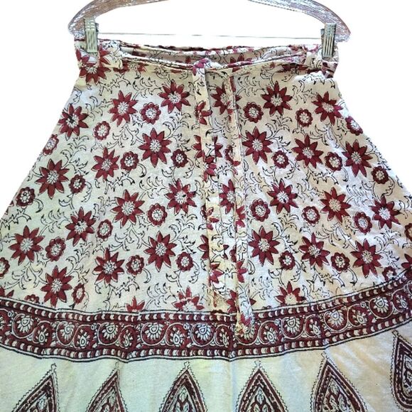 VTG India Cotton Off White Red Floral Block Print Midi Wrap Skirt *XS- Med - Picture 6 of 16